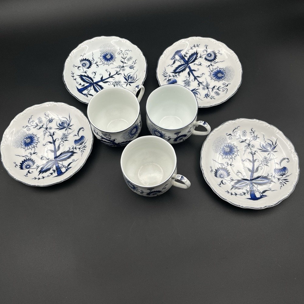House of Prill Blue Onion Porcelain Japan 3 Cups 4 Saucers Set Vintage